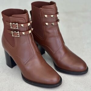 Valentino Rockstud Calfskin Buckle-Strap Ankle Boots Block Heel Brown Size 37US7